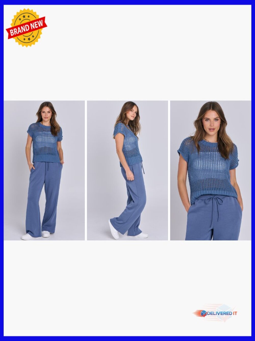 Women's Two Piece Outfits Crochet Sheer Knit Sweater Top Wide Leg Pants Lounge - Picture 7 of 7